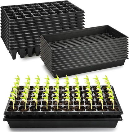 10 Pack 1020 Trays and 10 Pack 3.5" Deep 50 Cell Seed Starter Trays, 20" x 10" - Durable Plastic Nursery Flats for Microgreens, Seedling,Seed Germination & Plant Propagation (10 Set)