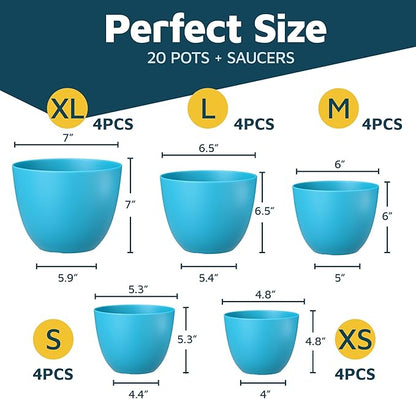 Blue Plant Pots with Drainage Holes & Saucers 20 Pack, Indoor & Outdoor Stackable Space-Saving Planters for Houseplants & Flowers, (7", 6.7", 6", 5.3", and 4.8" Inches), Durable & Weatherproof