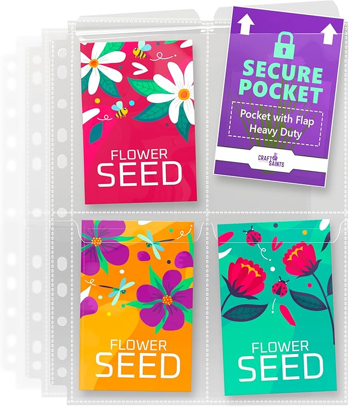 80 Pockets Spill-Proof Top Closure Seed Storage Organizer Sleeves (20 Pack) Heavy Duty 4 Pocket Garden Seed Organizer, Slot Size 3.5x5 Clear Sleeves for Seed Packet Storage, Seed Keeper, Seed Binder