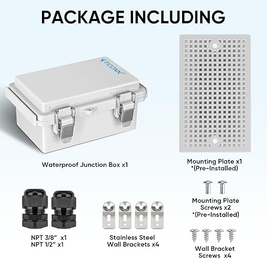 TICONN Outdoor Electrical Box Waterproof, Junction Box IP67 ABS Plastic Enclosure with Hinged Cover with Mounting Plate, Wall Brackets, Cable Glands (Off-White, 5.9"x3.9"x2.8")