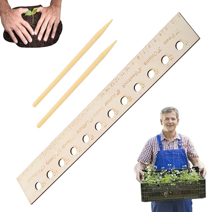 Seed Spacers Planting Tool, Garden Seed Planter Ruler with 2 Wooden Stakes, Ideal for Seedlings, Gardeners and Garden Planning, Precise Planting Template for Perfect Rows and Even Growth