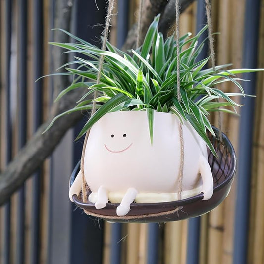 Hanging Swing Chair Planter Pot Smiley Face Planter for Indoor Outdoor Plant Cute Head Resin Flower Pots for String of Pearls Plant Live Unique Gift IdeaI for Mother Day, Christmas (Large)