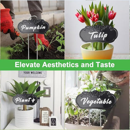 50 Packs Metal Plant Labels, Tall Outdoor Garden Markers for Flowers, Fruits and Vegetables, Weatherproof (Each 25 Pack, 4" x 1.9", Silver and Black)