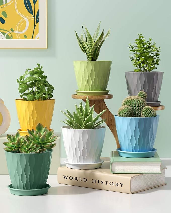 4 Inch Plant Pots with Drainage Holes, 6 Set Plastic Indoor Flower Pots, Succulent Pots for Orchids, Violets, Succulents, Herbs, and Other Small Plant, 6 Colors