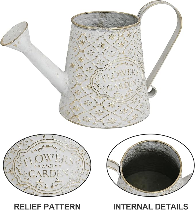 Vintage White Metal Flower & Garden Watering Can, Rustic Farmhouse Decorative Watering Pot Planter for Home Patio Backyard Outdoor Plant Care