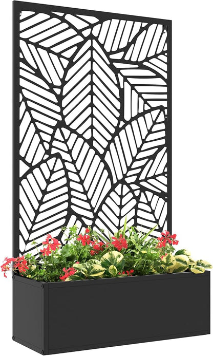 Outsunny Outdoor Privacy Screen with Planter Box, Metal Privacy Panel, and Raised Garden Bed, Wall-Mounted or Freestanding for Garden, Patio, Pool, Hot Tub, Black