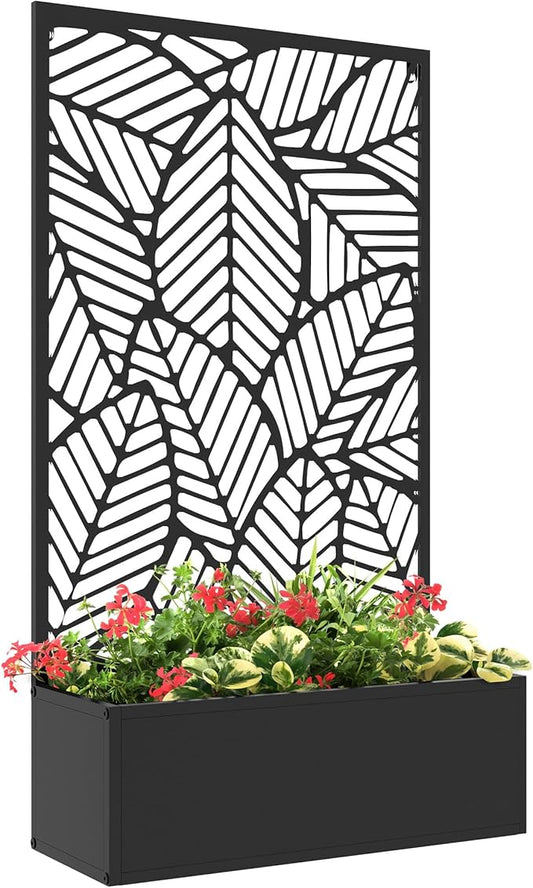 Outsunny Outdoor Privacy Screen with Planter Box, Metal Privacy Panel, and Raised Garden Bed, Wall-Mounted or Freestanding for Garden, Patio, Pool, Hot Tub, Black