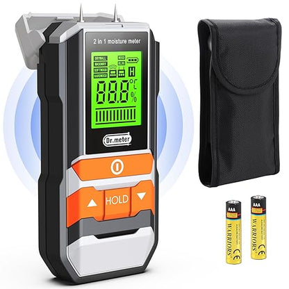 Wood Moisture Meter, 2 in 1 Pin & Pinless Moisture Tester, Digital Humidity Sensor Detector for Wood Firewood Drywall Floor Woodworking, Water Leak Detector for Building Home