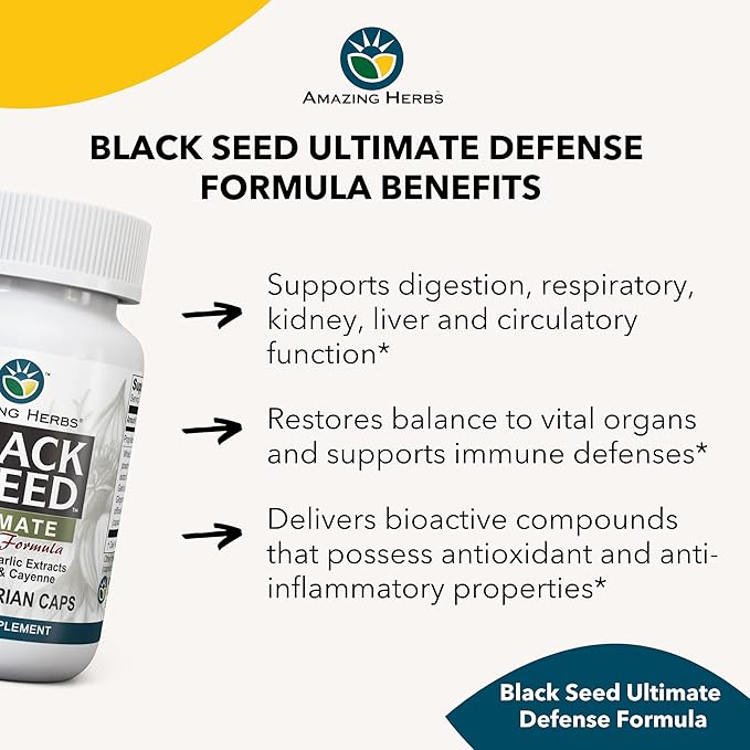 Amazing Herbs Whole Spectrum Black Seed Ultimate, Vegetarian Capsules - Olive Leaf & Garlic Extracts Plus Ginger & Cayenne, Gluten Free, Non GMO, Vegan - 100 Count (Pack of 2)