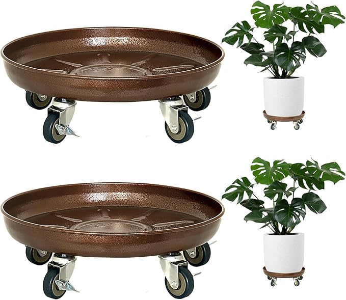 Plant Saucer 13" Rolling Plant Caddy Rolling Plant Stand with Wheels – Heavy Duty Metal, Locking, Sturdy, Rust-Resistant Finish, and Easy to Move, 350 lb Capacity, 2 Pack