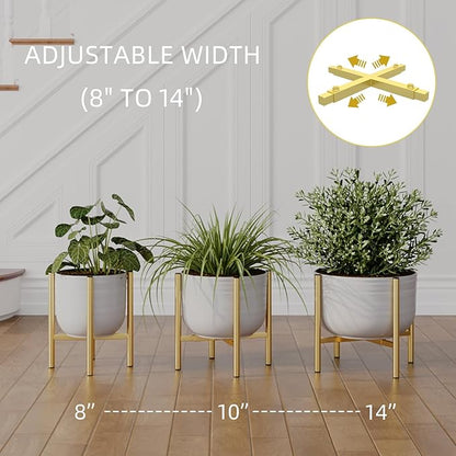 Adjustable Metal Plant Stand Indoor, Mid Century Modern Outdoor Planter Holder for 8 to 14 Inch Pots, Heavy Duty 160 LB Load, Corner Floor Stand for Home Garden Decor Golden