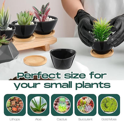 Domensi 24 Pack Succulent Planter Pots 3 Inch Small Plant Pots Mini Ceramic Succulent Planter Holder with Drainage Holes and Bamboo Saucers(Black)
