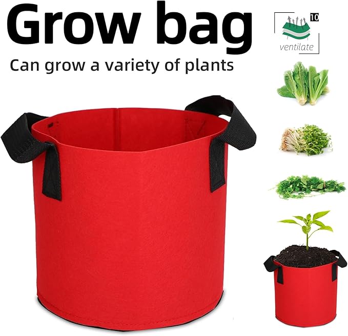 Grow Bags,Growing Pot Bags Garden Grow Bag Indoor Outdoor Fabric Aeration Plant Pot Container Flower Vegetable Pouch (Red,10Gallon)