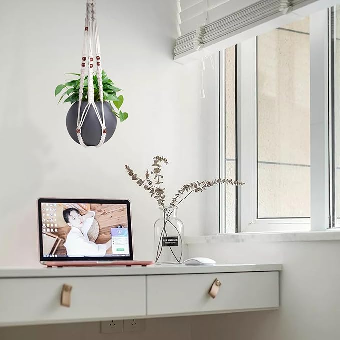 Handmade Macrame Plant Hanger with 2PCS Hooks, Elegant Hanging Plant Holder for Indoor Outdoor Plants, Sturdy Hanging Planters with No Tassel, 33 Inch, Ivory