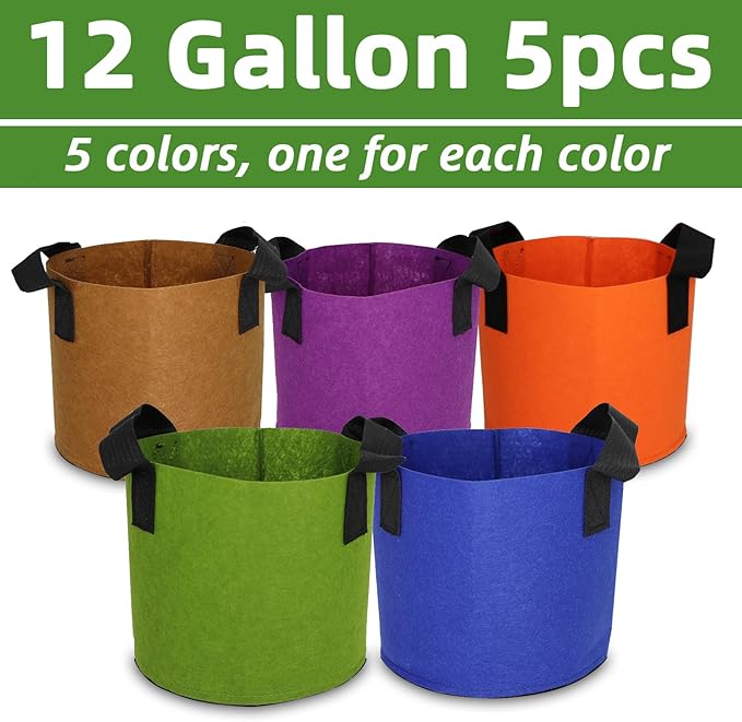 Grow Bags,Growing Pot Bags Garden Grow Bag Indoor Outdoor Fabric Aeration Plant Pot Container Flower Vegetable Pouch (Mixed 5colors,12Gallon)
