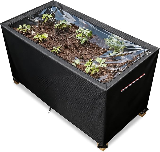 Spring Outdoor Raised garden bed cover With Transparent PVC Top Window,Waterproof Heavy Duty Covers with Split Zipper for 48 x 24 x 30 inch Elevated Wood Planter Box Stand(Black,Cover only) ﻿