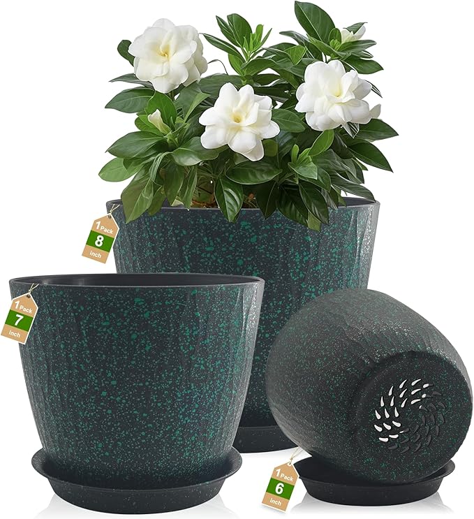 8/7/6 inch Plant Pots, 3 Pack Flower Pots for Outdoor Indoor Garden Plants, Large Planters with Multi Mesh Drainage Holes and Saucer (Black with Green Speckles, 8"+7"+6")