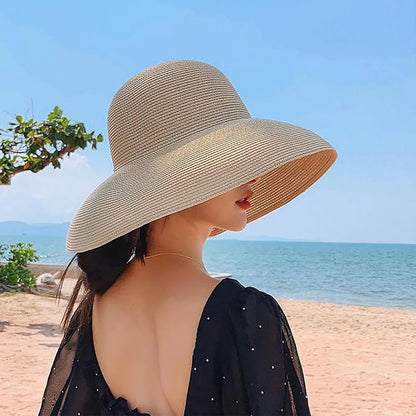 Wide-Brim Classic Elegant Style Foldable Straw Hat Women's Retro UV Resistant Sun Hats for Outdoor, Beach and Travel