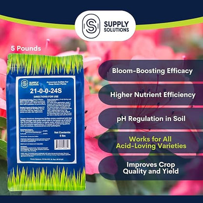 Supply Solutions Ammonium Sulfate Fertilizer 21-0-0 +24% Sulfur for Deep Green Plants - Soil Acidifier for Flowers, Trees, Lawn, Acid Loving - Sulfur for Plants Hydrangea Fertilizer (5 Pounds)