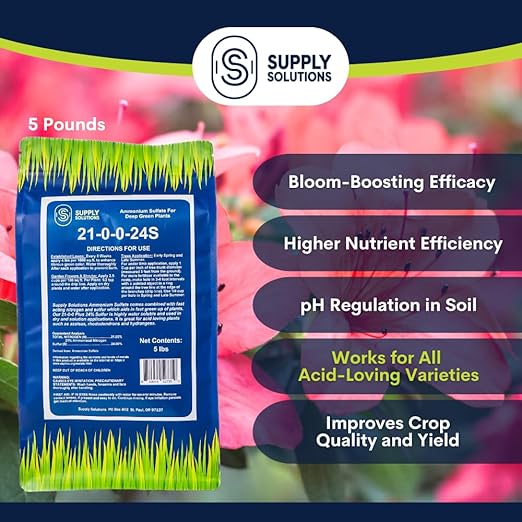 Supply Solutions Ammonium Sulfate Fertilizer 21-0-0 +24% Sulfur for Deep Green Plants - Soil Acidifier for Flowers, Trees, Lawn, Acid Loving - Sulfur for Plants Hydrangea Fertilizer (5 Pounds)