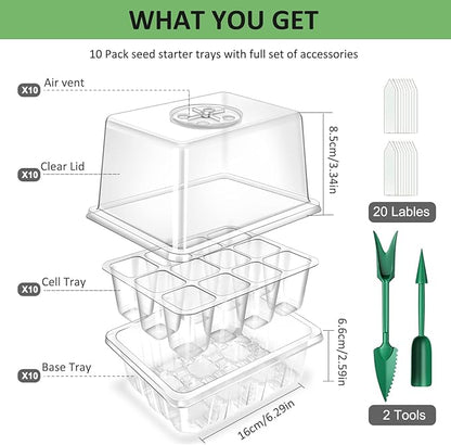 YAUNGEL Seed Starting Trays, 10 Pack 120 Cells Thicken Seed Starter Tray Kit with Humidity Dome/Heightened Lids Durable Growing Trays for Greenhouse & Gardens, Transparent