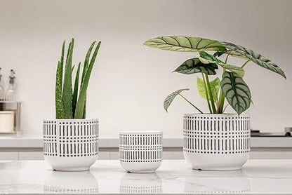 Docrin 3-Pack Ceramic Planters Set - 6.5"+5.3"+4" Dual-Tone Flower Pots with Drainage Holes, Modern Indoor Outdoor Planters for Succulents/Herbs/Large Plants, Home Office (Brownish Black & White)