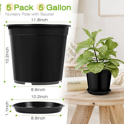 5 Gallon Plastic Pots with Drip Trays, Sturdy Gallon Plant Pots with Drainage Holes, Large Gallon Pots for Flowers, Ideal for Indoor and Outdoor Use (5Gallon-5PACK)