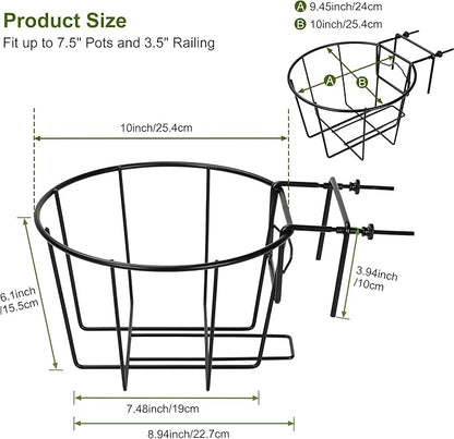 TQVAI 10 Inch Railing Planter - Fit for 1.5 to 3.5 Inches Railing - Adjustable Hanging Planters Outdoor Balcony Deck Flower Pot Holder Metal Baskets for Garden Orchid, Patio Ledge, 3 Pack, Black