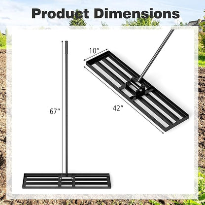 42" x 10" Lawn Leveling Rake, Heavy Duty Landscape Rake with 67" Handle, Non-Slip Grip & Flat Head, Space-Saving Lawn Level Tool for Garden, Backyard, Golf Course & Sports Field(Black)
