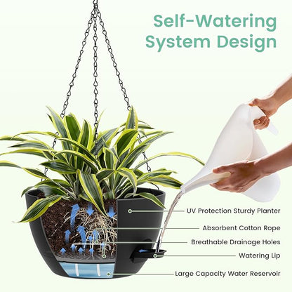Set of 3-10 Inch Self Watering Hanging Planters for Indoor & Outdoor，Hanging Plant Pots with Drainage & Removable Tray, Hanging Pots Holder for Ivy, Spider Plants, Ferns, Balcony & Patio, Black