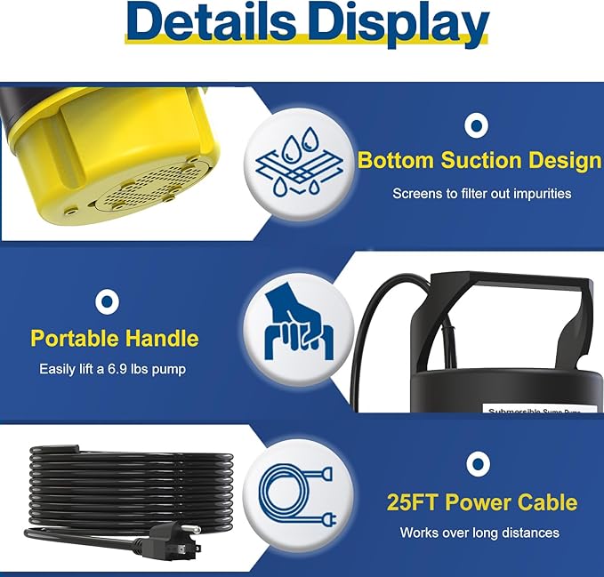 AgiiMan 1/2HP Submersible Water Pump, 2200GPH Portable Sump Pump for Pool Draining, Pool Cover Pump with 25FT Power Cord for Basements, Pool, Fountains, Hot Tub, Garden, Yellow