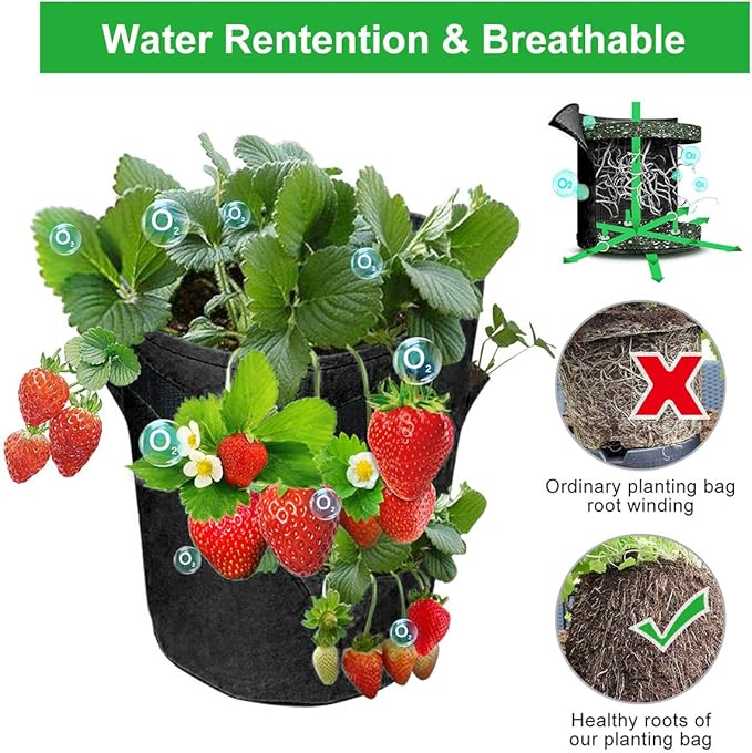 GOTGELIF Strawberry Grow Bags, 2 Pack 10 Gallon Strawberry Planter with 8 Side Grow Pockets, Breathable Non-Woven Fabric Reinforce Handle Plant Grow Bag for Garden Strawberries, Herbs, Flowers
