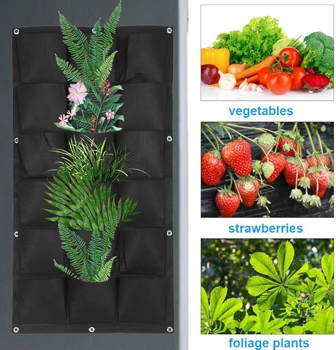 Vertical Hanging Garden Planter Wall Mounted Plant Grow Bag for Indoor Outdoor Decoration,Black (18 Pockets)