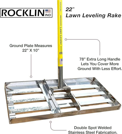 Rocklin™ Lawn Leveling Rake – 22” x 10” Stainless Steel Leveling Tool with 78” Handle | Smooth & Level Soil, Sand or Grass | Durable Leveling Tool for Lawn, Yard and Garden