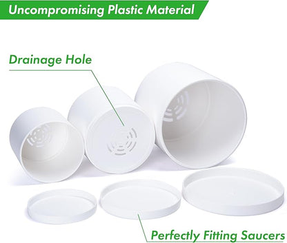 D'vine Dev 6.5 Inch 8 Inch 10 Inch, Set of 3 Plastic Planter Pots for Plants with Drainage Hole and Seamless Saucers, White Color, Large, 74-V-A-4