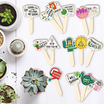 Funny Wooden Plant Labels - 15 Pack Tags for Succulents, Flowers, Greenery; Waterproof, Outdoor Garden Plant Markers; Perfect Gifts for Plant Lovers