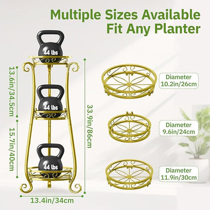 KMOTASUO 3 Tier Metal Plant Stand for Multiple Large Planters Indoor Outdoor Organizer, Heavy Duty Tall Flower Rack for Corner Patio Bathroom Office Corner, Modern Sturdy Vertical Iron Rack, Gold