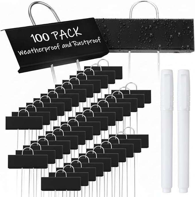 Maitys 104 Pcs Metal Garden Markers Plant Label Stakes Outdoor Weatherproof 10.6 Inch Stainless Steel Nursery Tags Bulk with Pens (Black Label with White Ink)