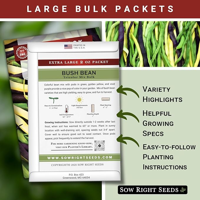 Sow Right Seeds - Bulk Mixed Tricolor Bean Seeds for Planting - 2 Ounce, 170 Seeds - Non-GMO Heirloom Jumbo Pack with Instructions to Plant a Home Vegetable Garden - Grow Loads of Colorful Beans (1)