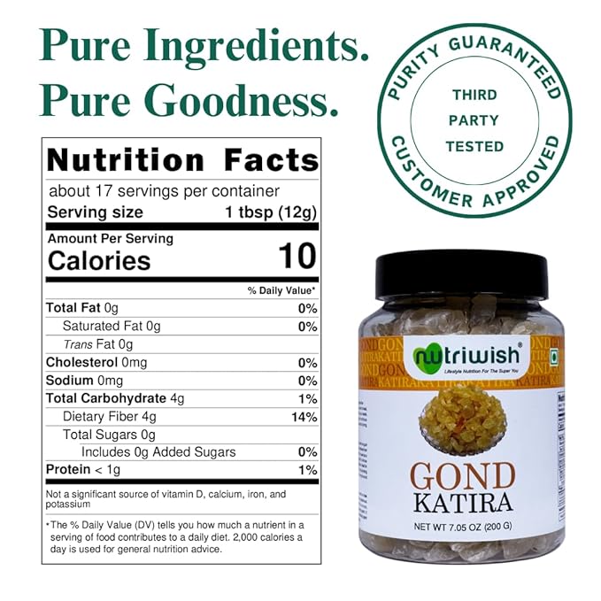 Nutriwish Gond Katira (Edible Gum/Tragacanth Gum), 200 g | Pure & Natural Plant-Based Gond for Cooling Summer Drinks, Falooda, Sherbets, Desserts, Herbal Recipes & Daily Wellness Use