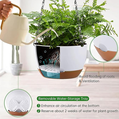 Hanging Planters for Indoor Plants, Set of 2 8/10 Inch Self-Watering Hanging Pots with Drainage Hole & Removable Water-Storage Tray II Screw-in Hooks II