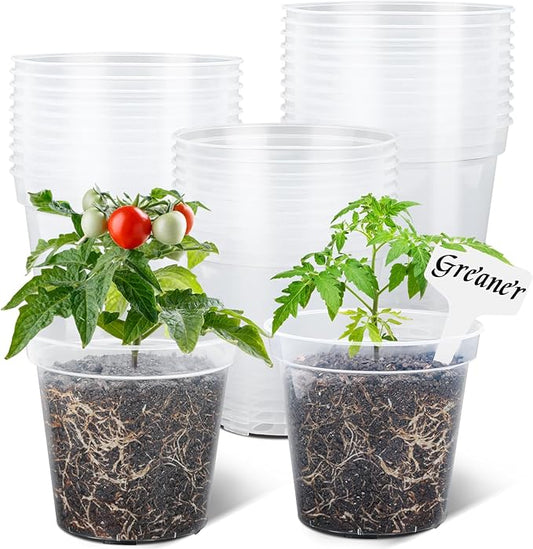 GREANER 5 Inch 30 Packs Clear Plant Pots, Transparent Plastic Plant Pots for Indoor Outdoor Plants, Nursery Pots & Seed Starting Pots with Drainage Holes and 20 Pcs Plant Labels
