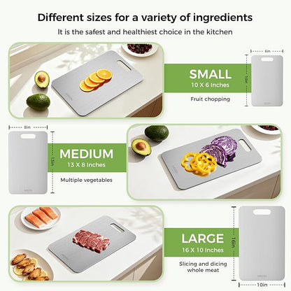 Titanium Cutting Board Set of 3, Titanium Cutting Boards for Kitchen, 100% Double-Sided Titanium Cutting Boards, Separate Raw and Cooked Food Areas, Non-Toxic, Dishwasher Safe (S+ M + L)
