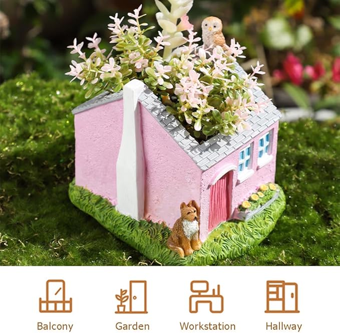 Creative Garden House Plants Flower Pot with Drainage Holes,Cute Dog Succulent Plant Pot Decorated Desk,Garden,Living Room (Red House)