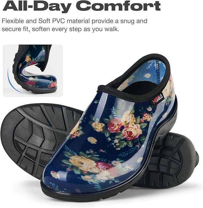 HISEA Waterproof Garden Shoe for Women Outdoor Slip-On Garden Clogs Rubber Rain Boots Short Ankle Booties Rain Shoes with Comfort Insole