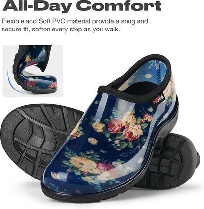 HISEA Waterproof Garden Shoe for Women Outdoor Slip-On Garden Clogs Rubber Rain Boots Short Ankle Booties Rain Shoes with Comfort Insole