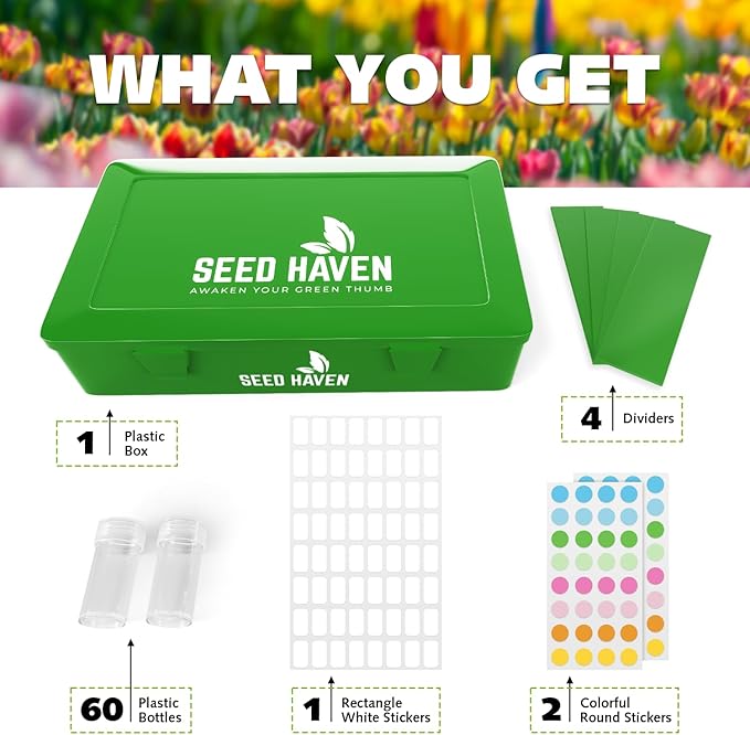 Seed Organizer Storage Box, Black Opaque Light Proof Seed Bank with 60 Transparent Bottles & Labels, Seed Holder Packet Organizer, Seed Vault Container for Homesteaders, Garden Tackle and Bead Sorter