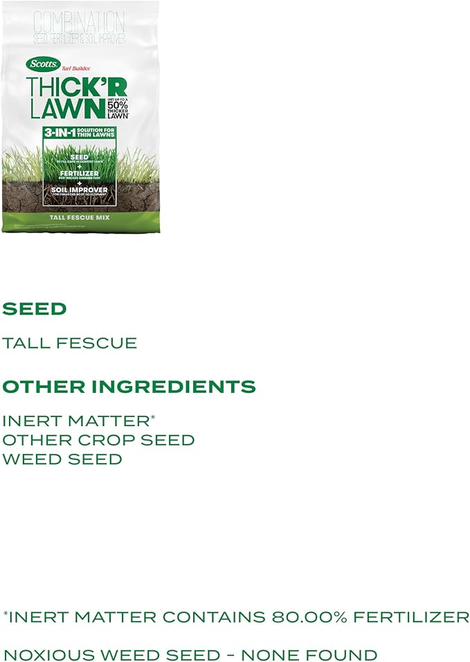 Scotts Turf Builder Thick'R Lawn Tall Fescue Mix, Combination Seed, Fertilizer and Soil Improver, Thickens Thin Grass, 12 lbs