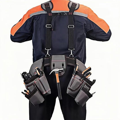 Tool Belt with Suspenders, Tool Belts for Men, Magnetic Wristband & Detachable Pouch – Heavy Duty Adjustable Belt for Electricians, Carpenters, DIY, Construction,Gift (Gray, Universal)