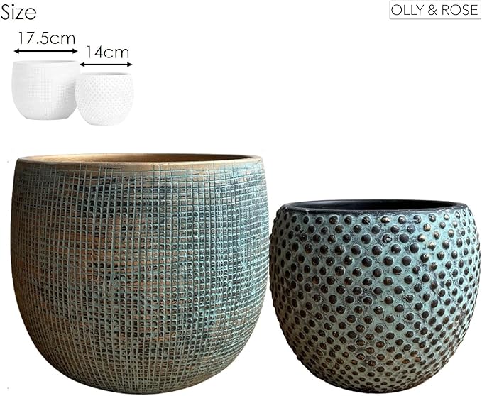 Olly & Rose Bali Ceramic Green Gold Plant Pot Set 2-6.8" and 5.5" Indoor Planters Cement Outdoor Flower Pots